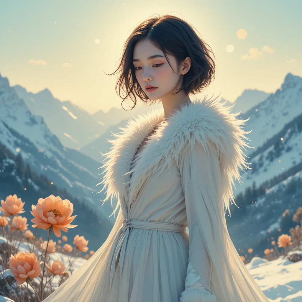 Ethereal woman in a snowy alpine landscape with peonies