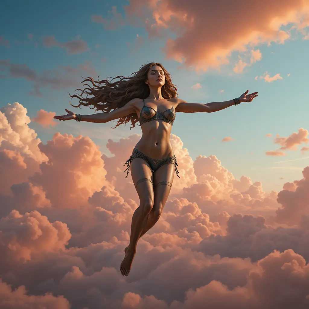 Bronze statue of a long haired girl flying in red sky
