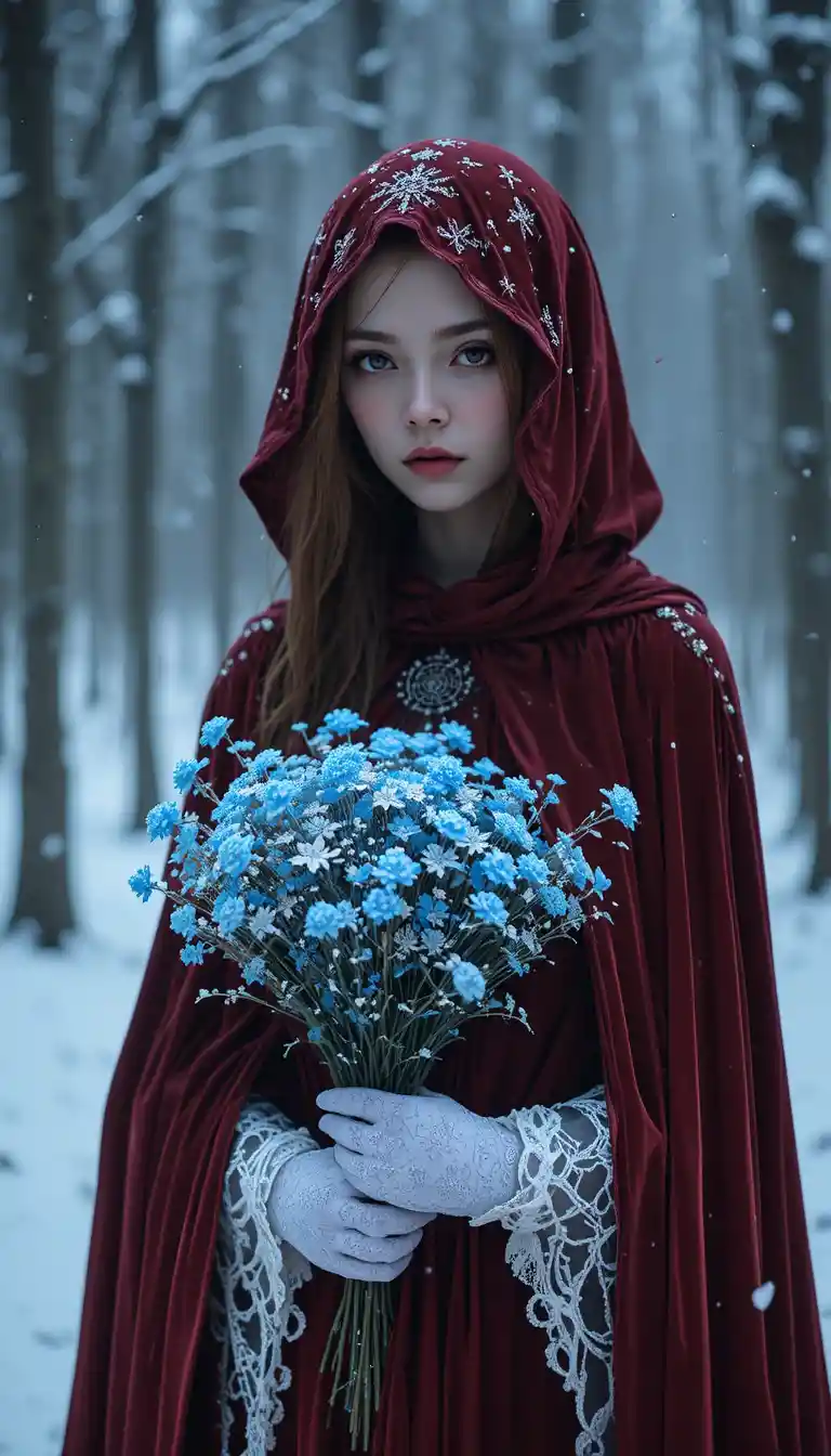 Mujer fantasmal con capa roja en un tranquilo bosque nevado
