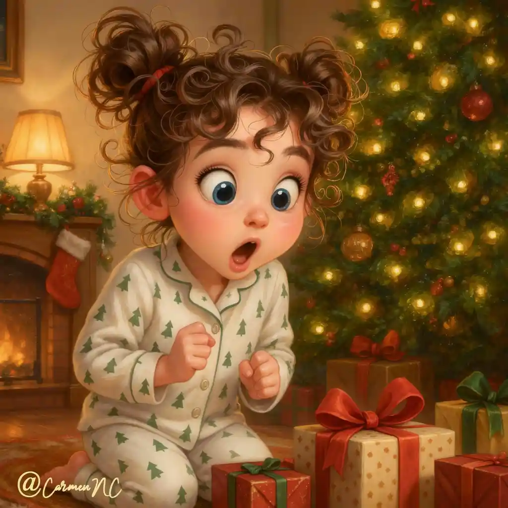 Little girl in pajamas amazed by Christmas gifts