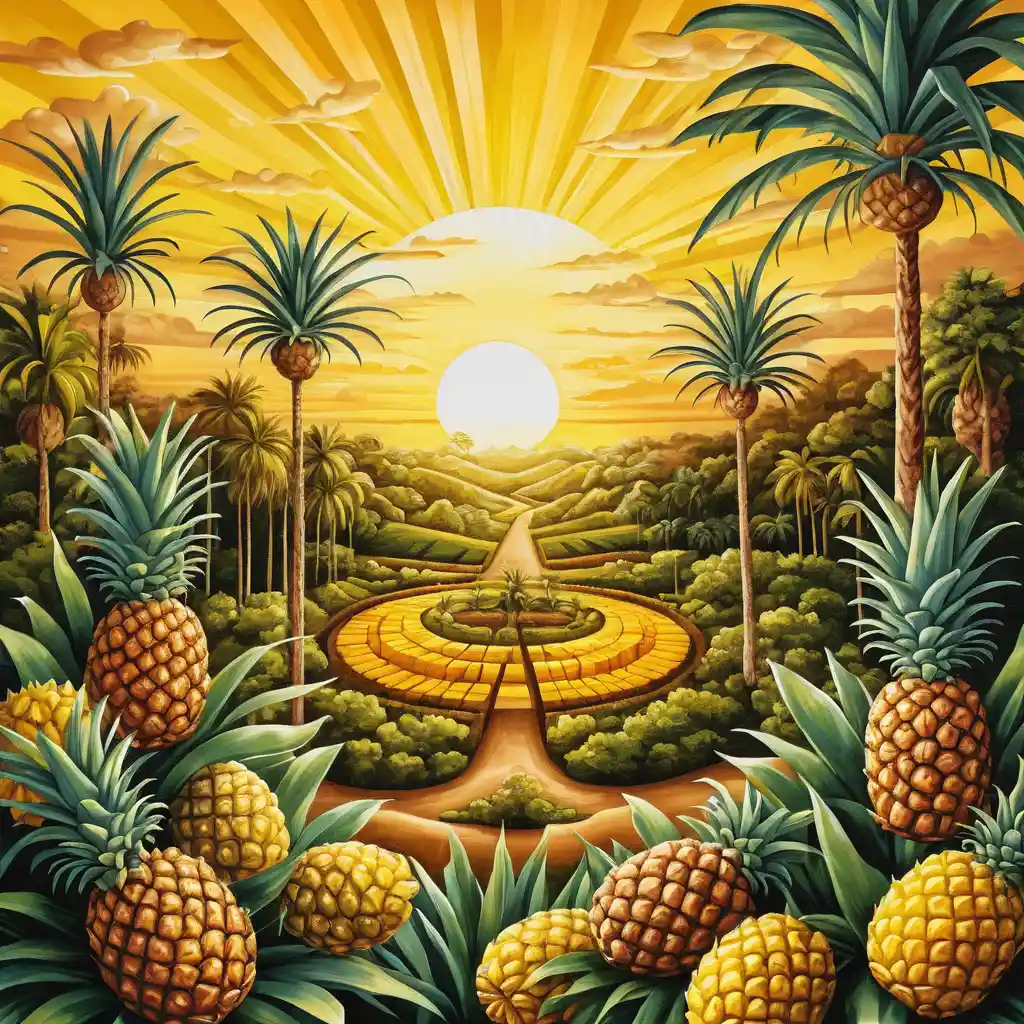 Piantagione surreale all’alba con alberi di ananas dorati