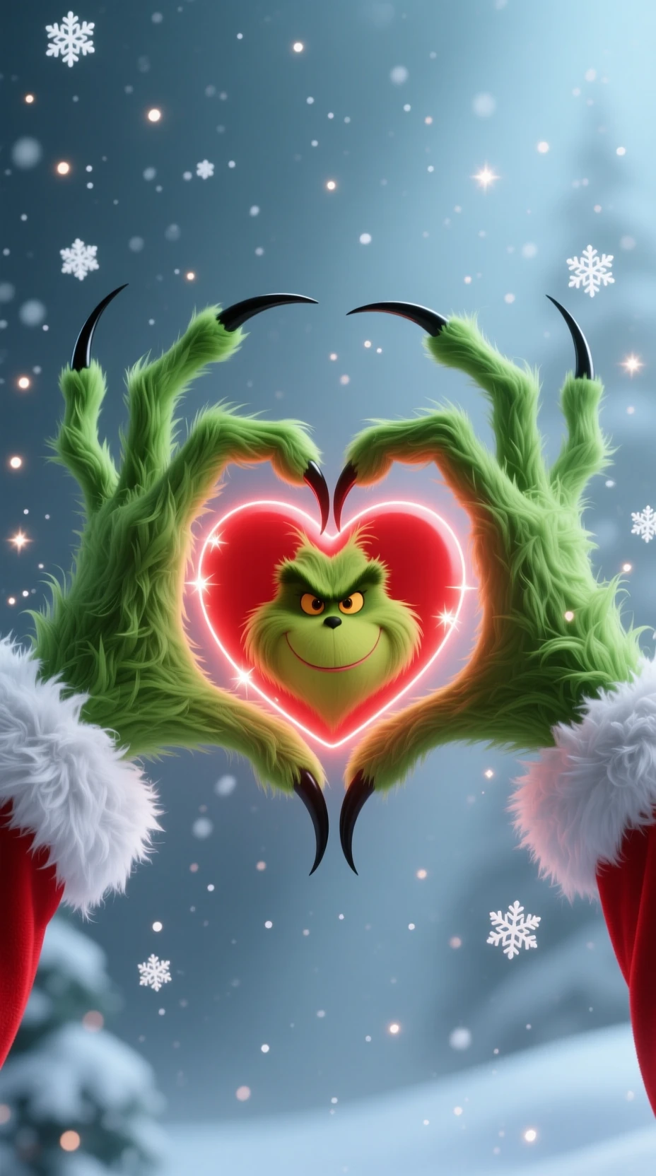Artigli pelosi verdi che formano un cuore di Natale luminoso