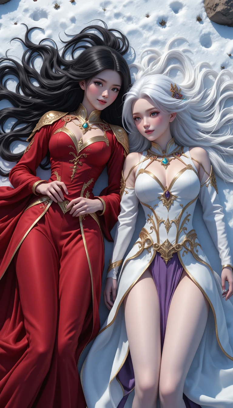 Dos mujeres de anime de fantasía descansando en un paisaje nevado