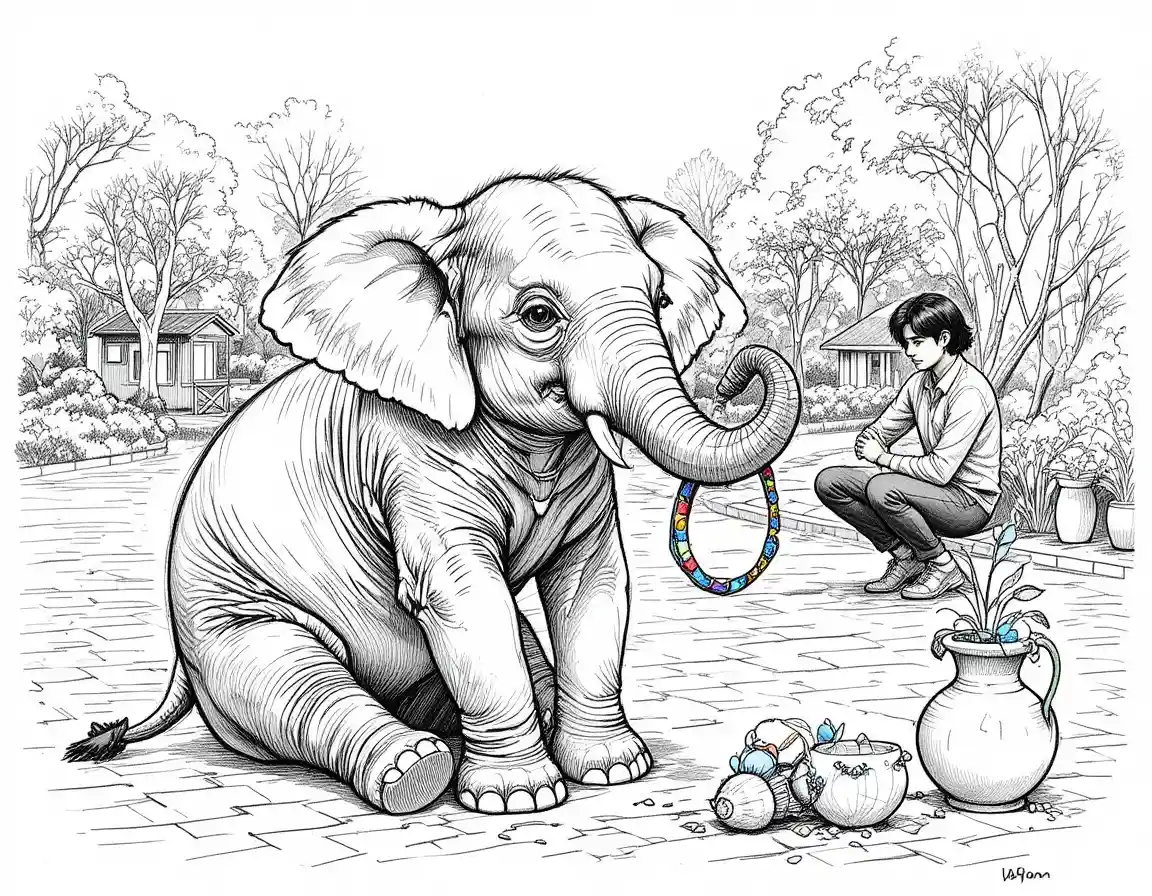 Giovane elefante che gioca con un cerchio colorato in un parco soleggiato