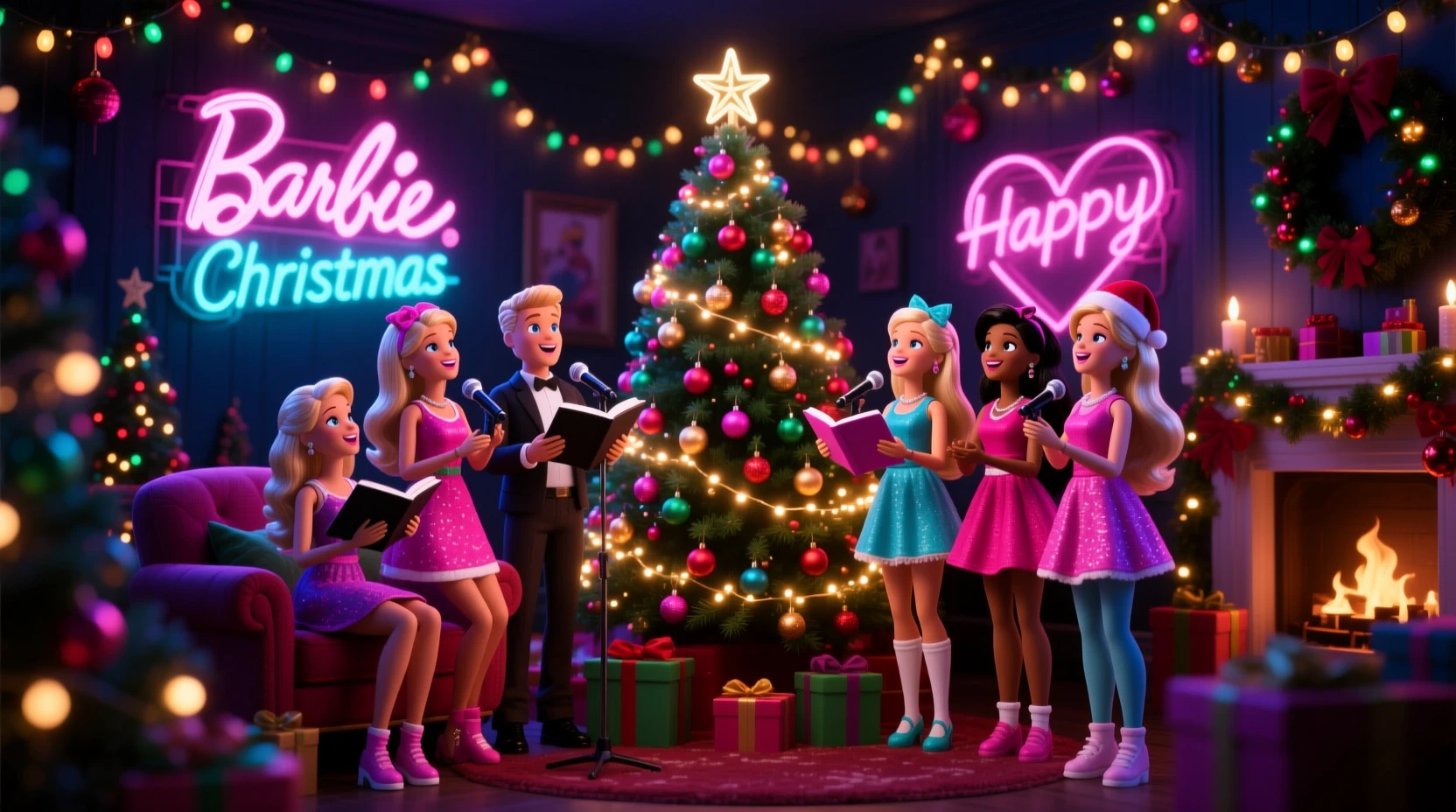 Muñecas navideñas reunidas alrededor de un árbol festivo resplandeciente