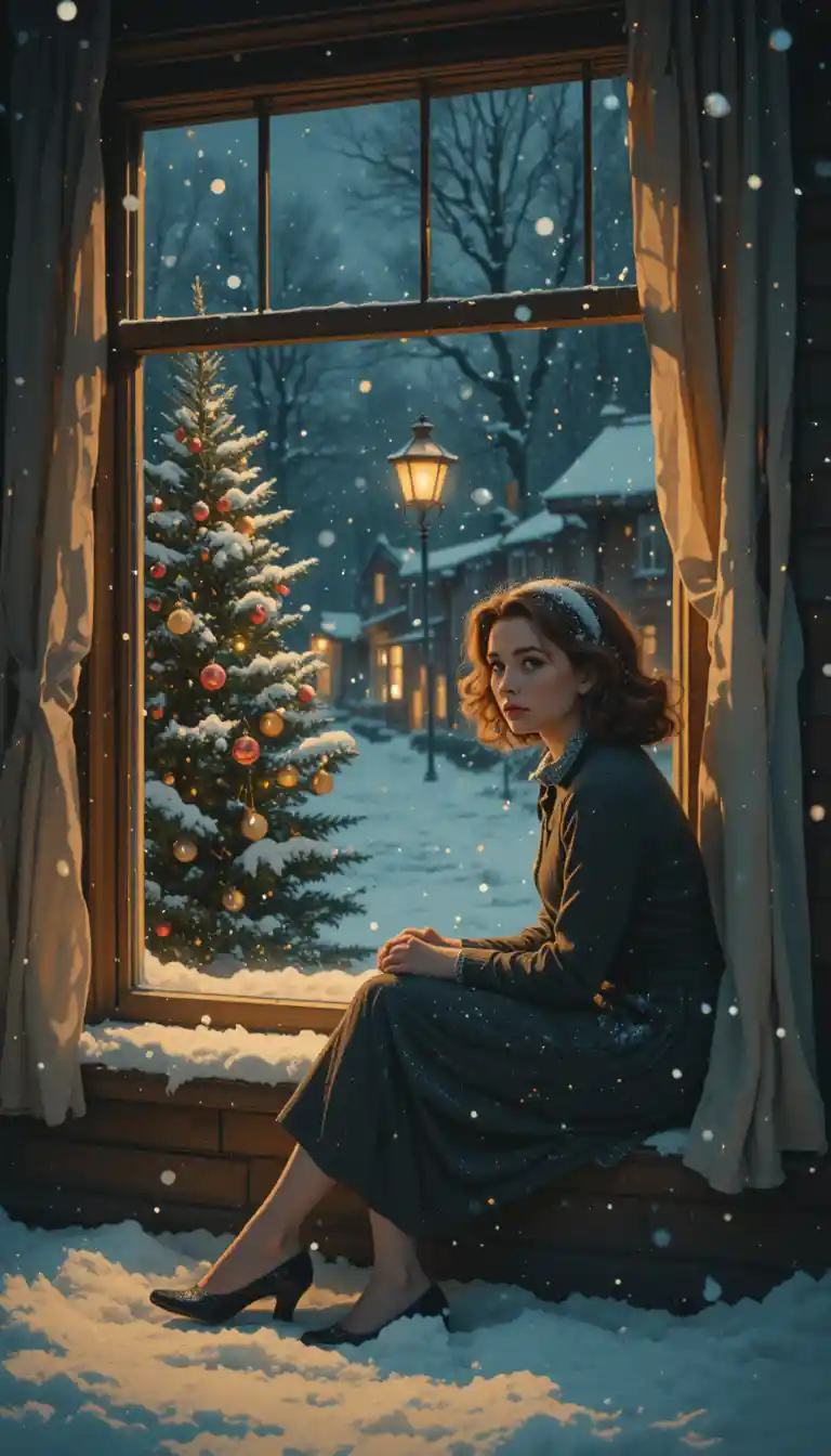Nostalgische Frau der 1950er am Fenster an einem verschneiten Weihnachtsabend