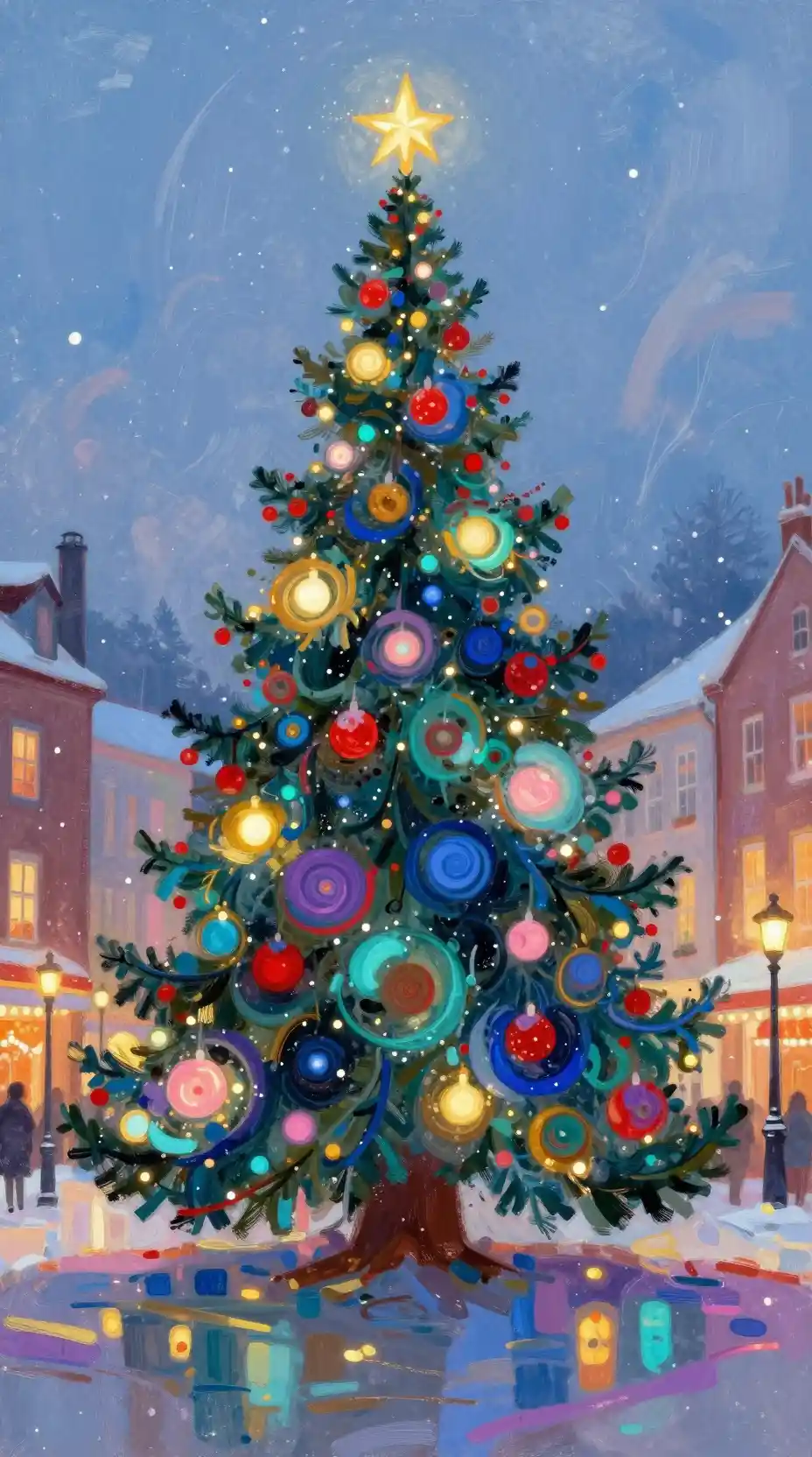 Albero di Natale astratto e luminoso in una piazza innevata