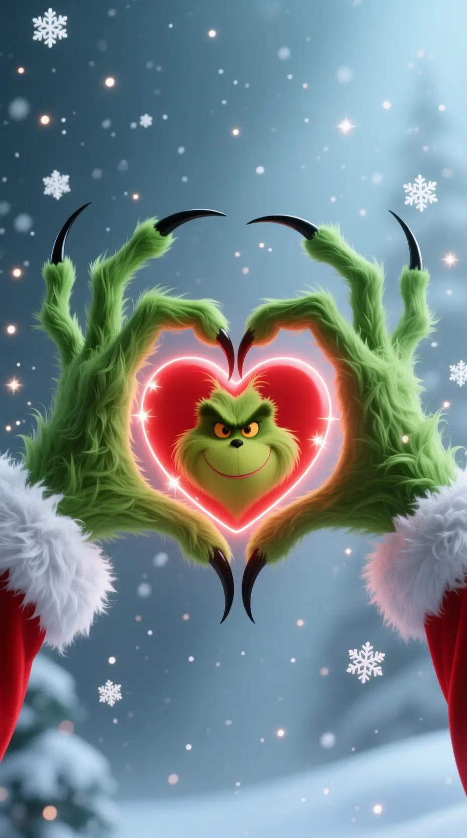 Artigli pelosi verdi che formano un cuore di Natale luminoso