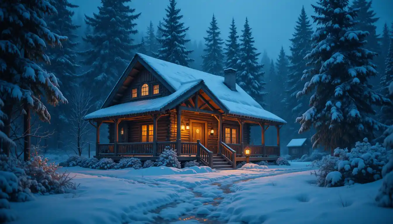 Chalet douillet éclairé à la lanterne sous une paisible neige d’hiver
