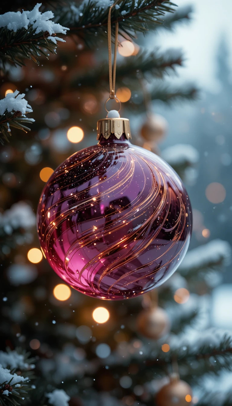 Glass christmas ornament on tree in gentle winter snowfall