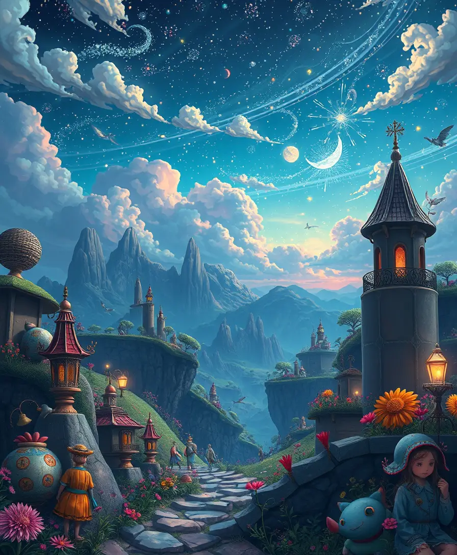 Whimsical pop surreal realm between day and night