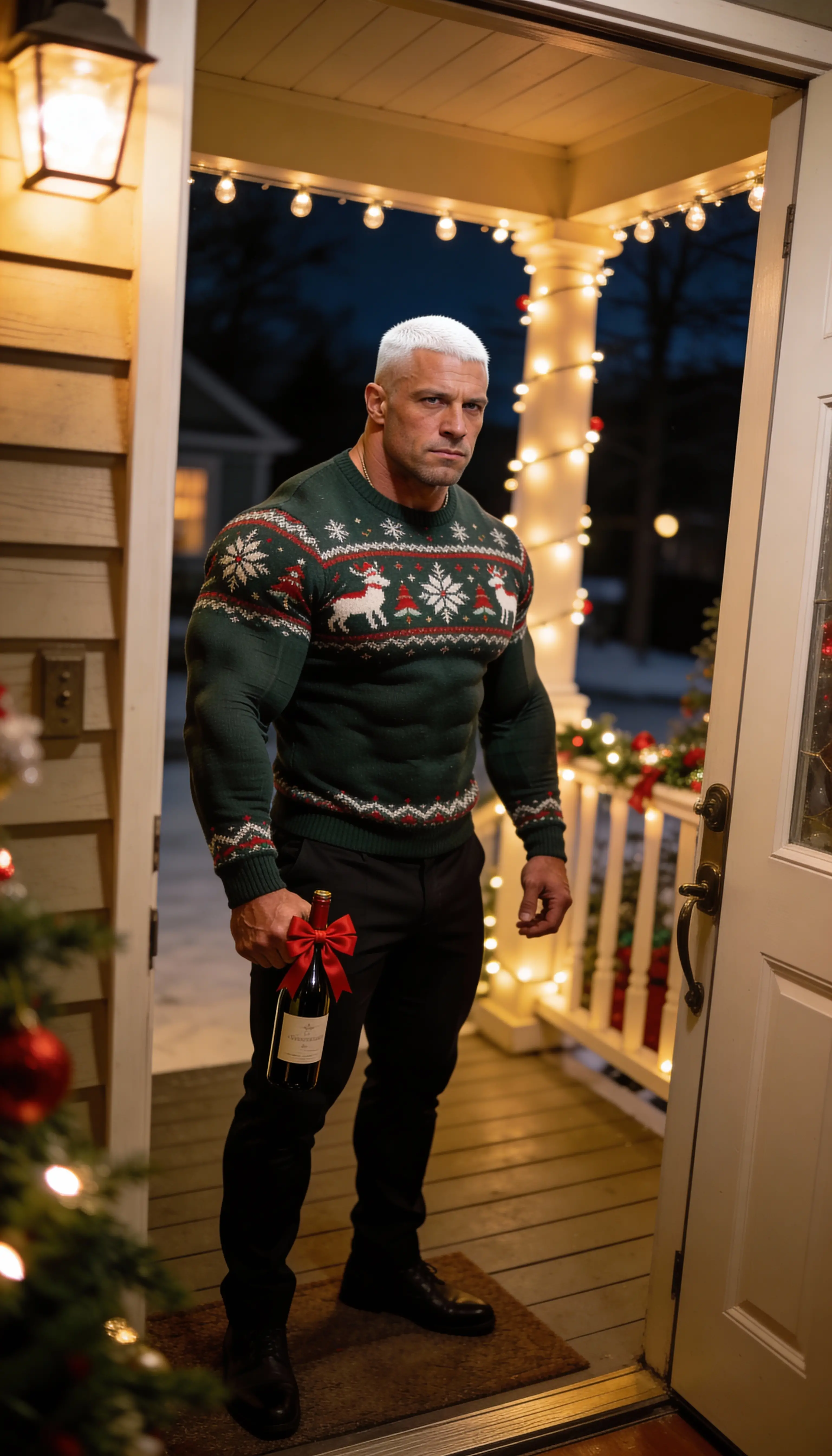 Muscular man at front door offering Christmas wine