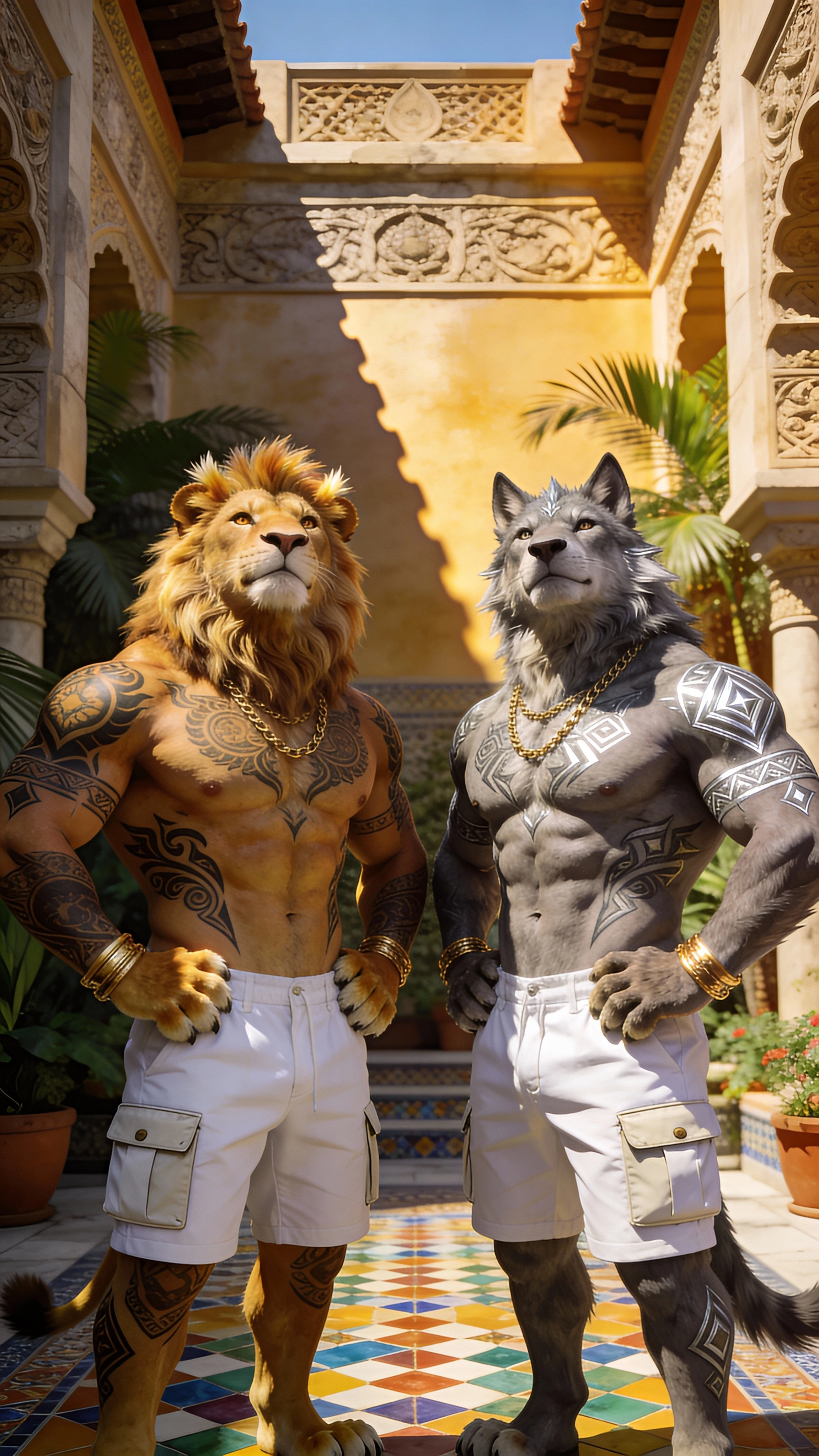 Muscular lion and wolf in a luxurious exotic courtyard