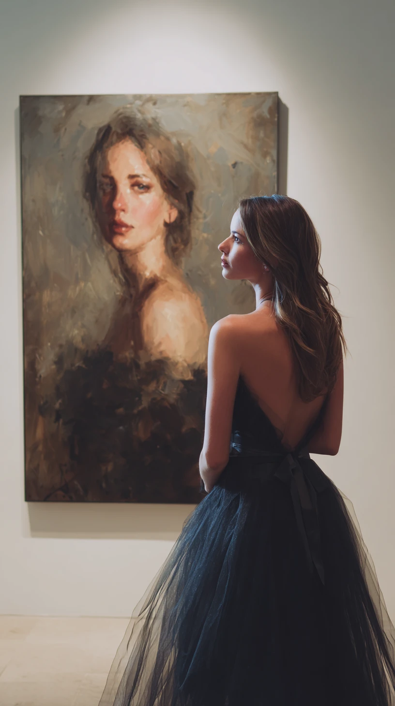 Mujer con vestido negro contemplando su propio retrato en galería