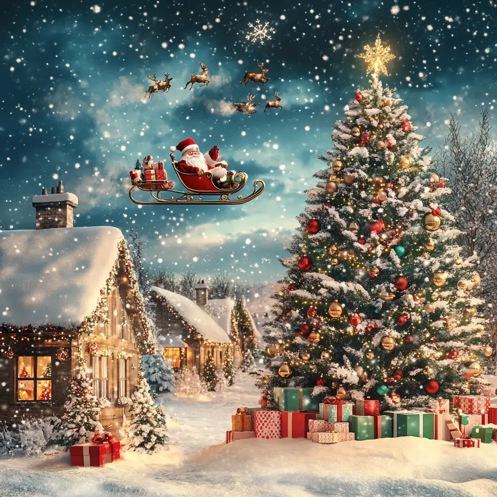 Magical Christmas night with Santa Claus and reindeer