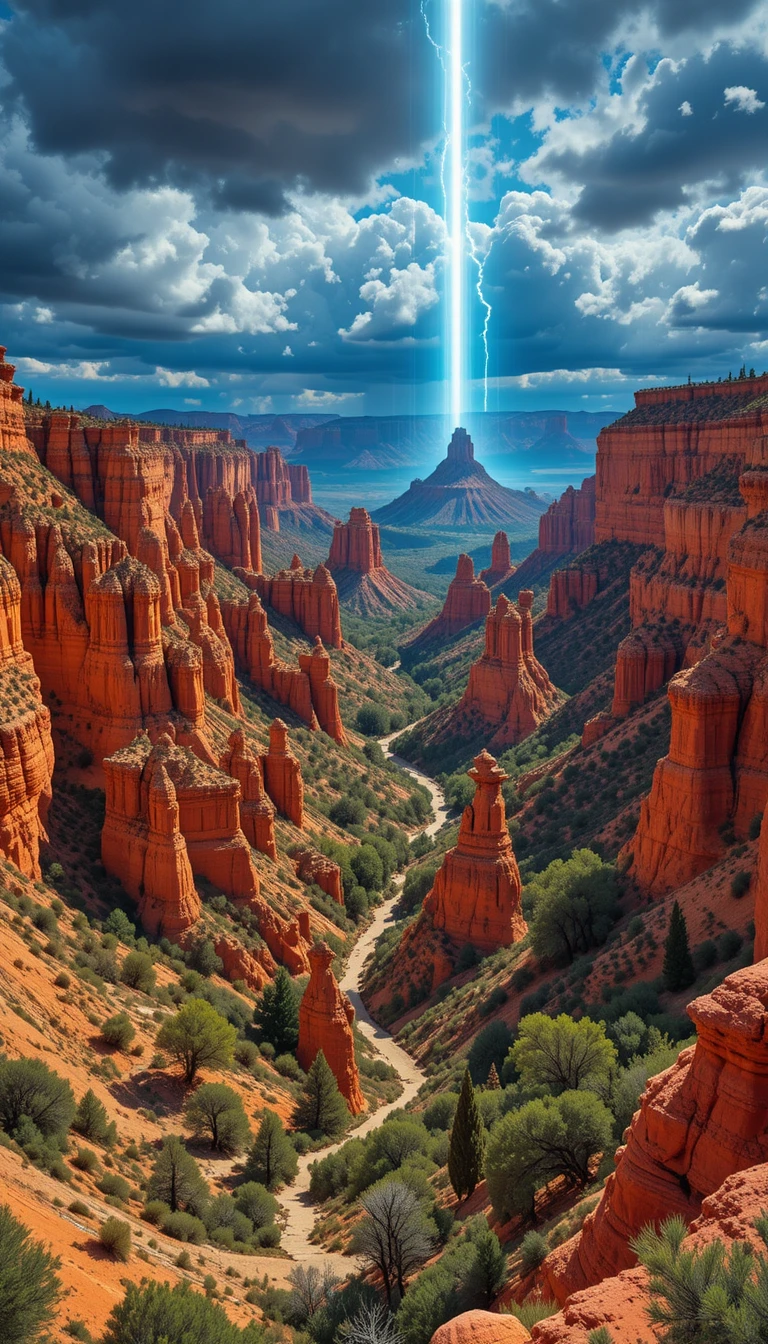 Stürmische Wüsten-Canyon-Landschaft mit leuchtendem Regenbogenbogen