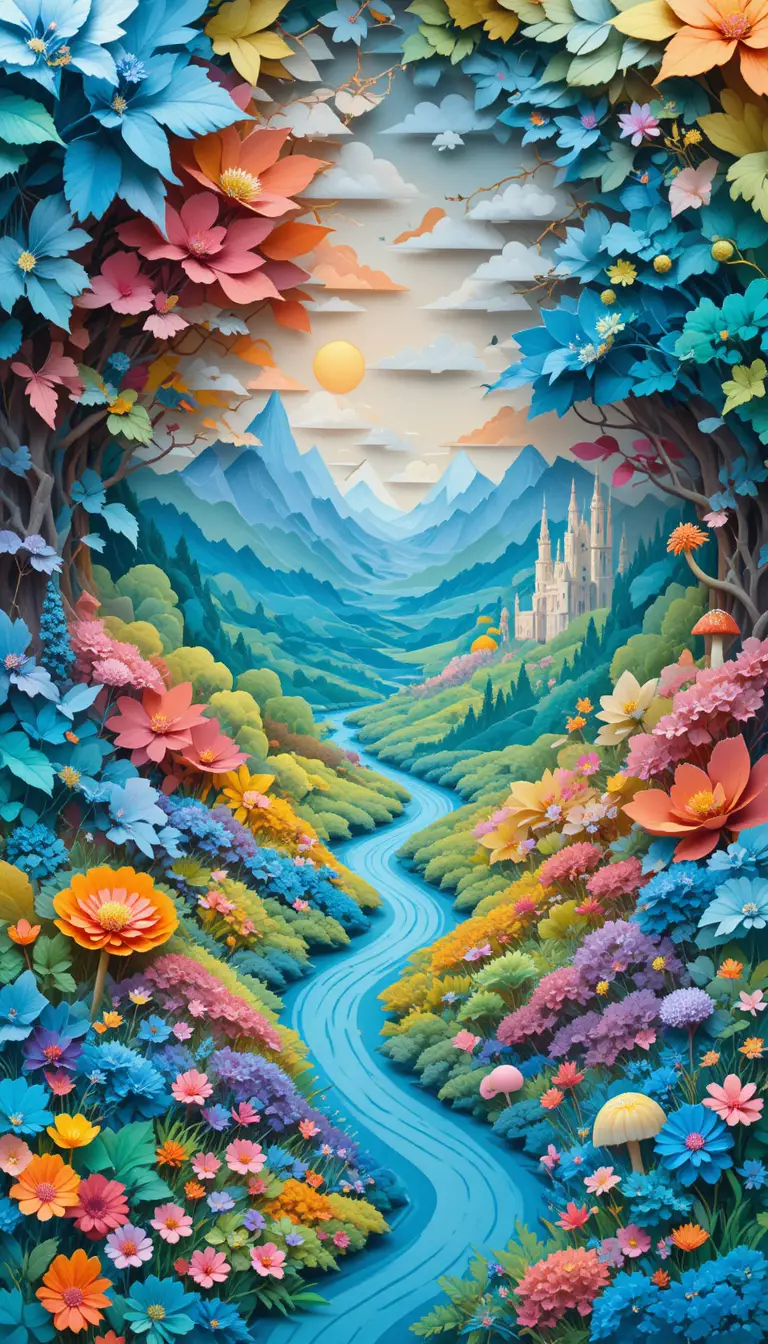 Colorful paper cut fantasy landscape with river and mountains