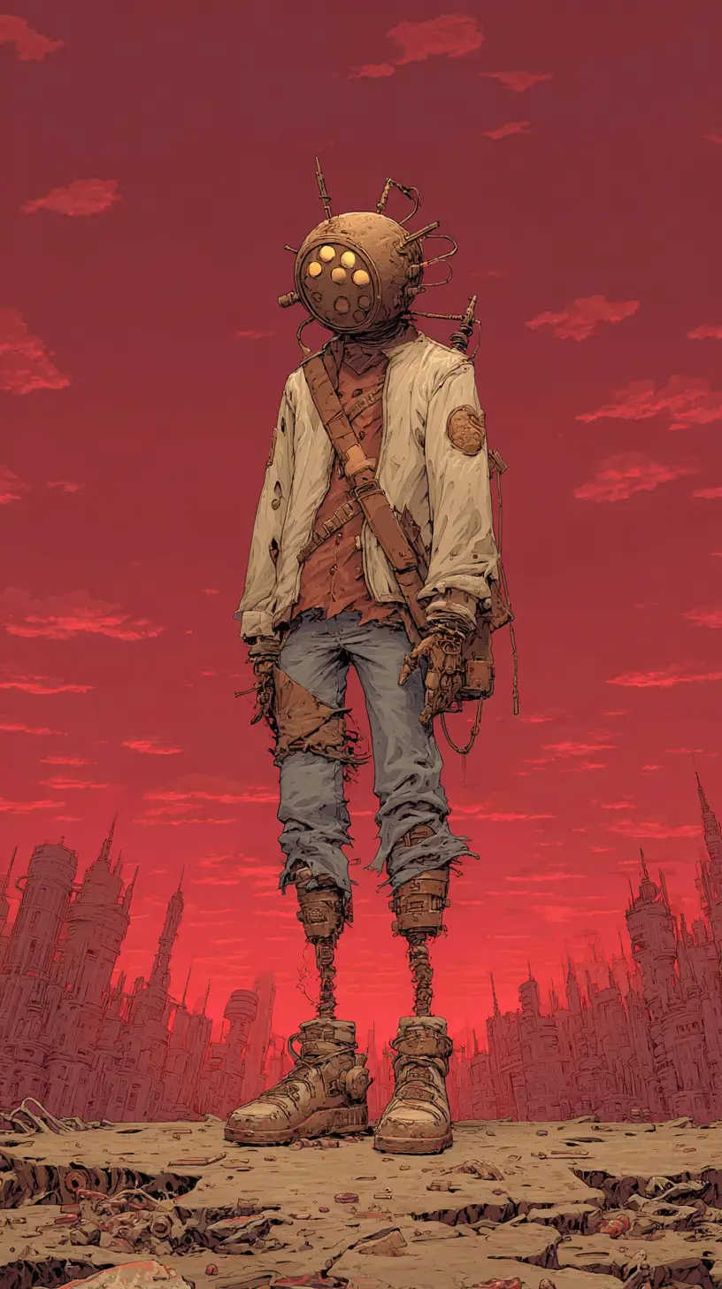 Skinny man in a dystopian alien city at night