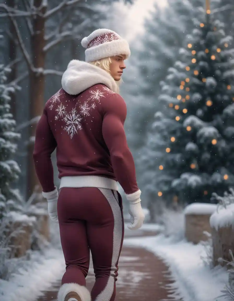 雪の冬の森を歩く金髪の若い男性