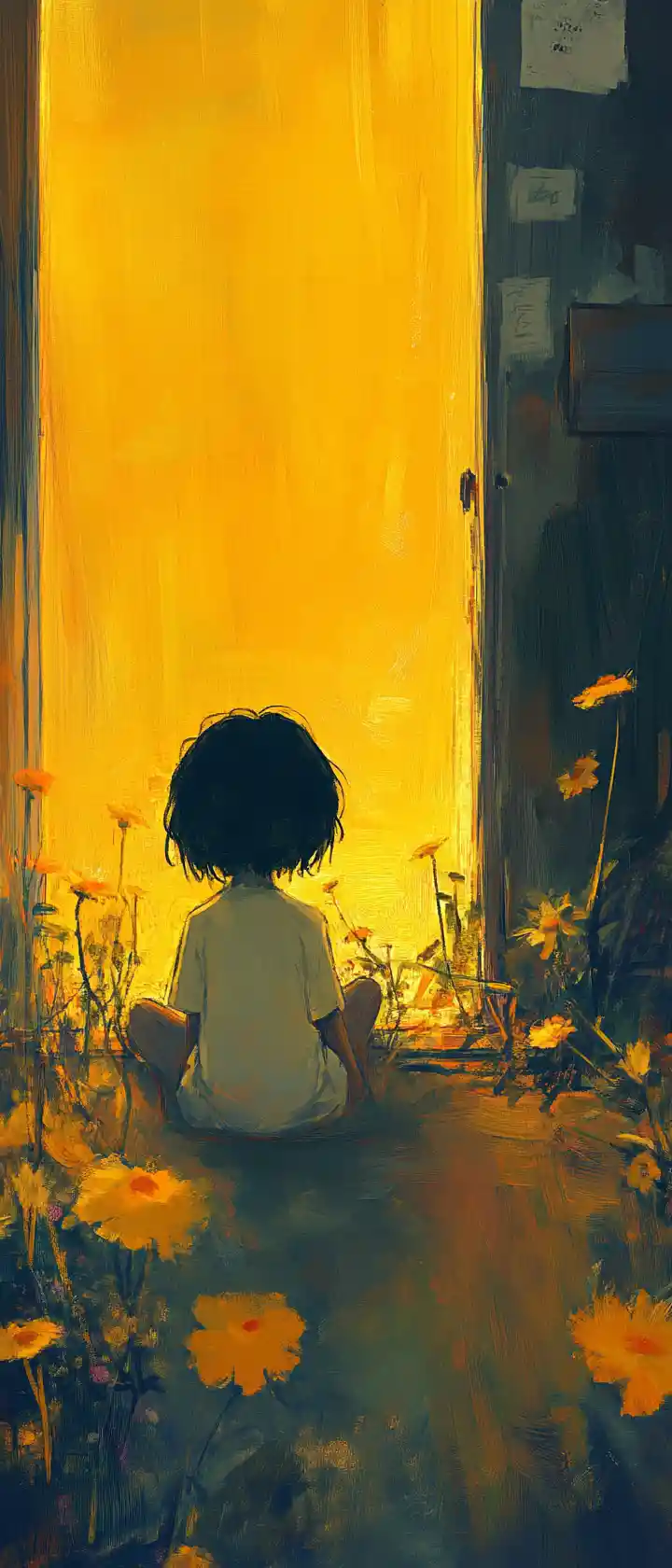 Anime child sitting alone in a dim bedroom