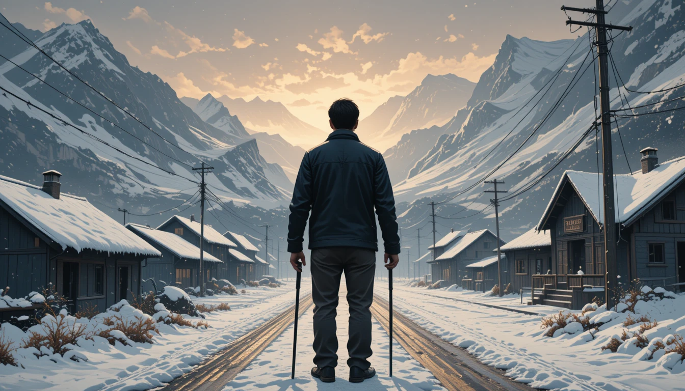Man with cane facing snowy mountain village at dawn