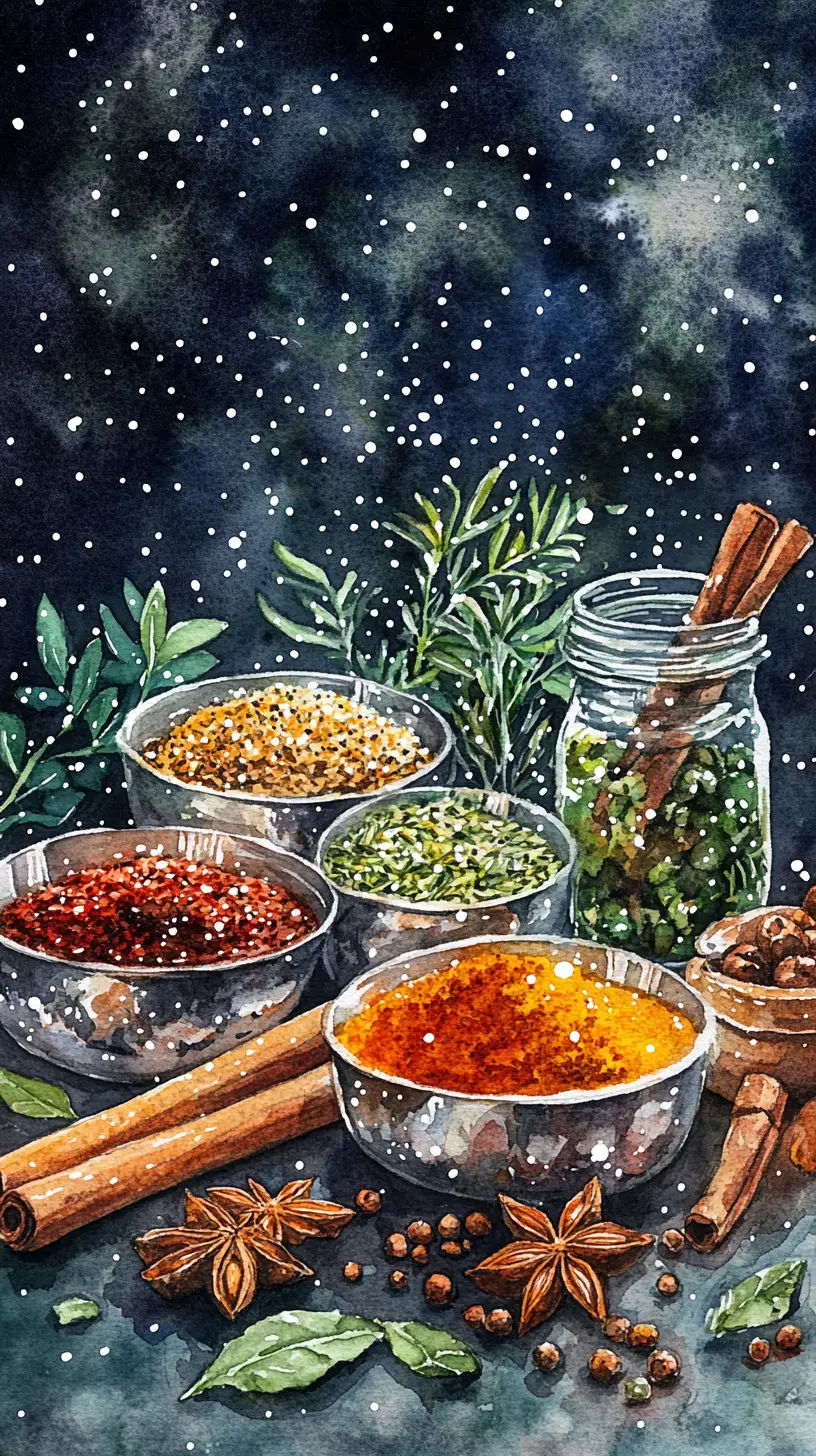 Watercolor spices and herbs in a cozy winter setting
