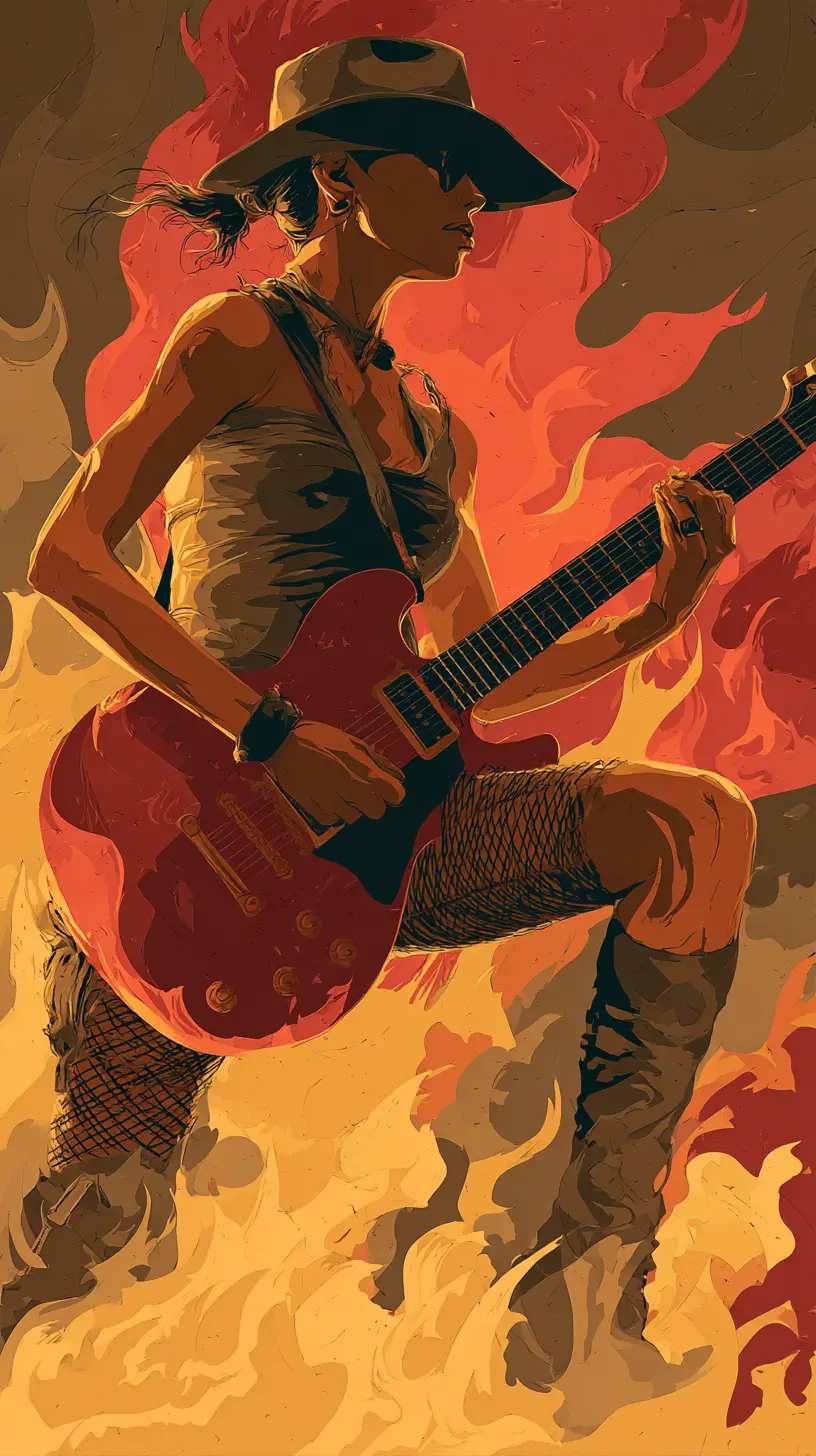 Kneeling cowgirl guitarist surrounded by roaring fantasy flames