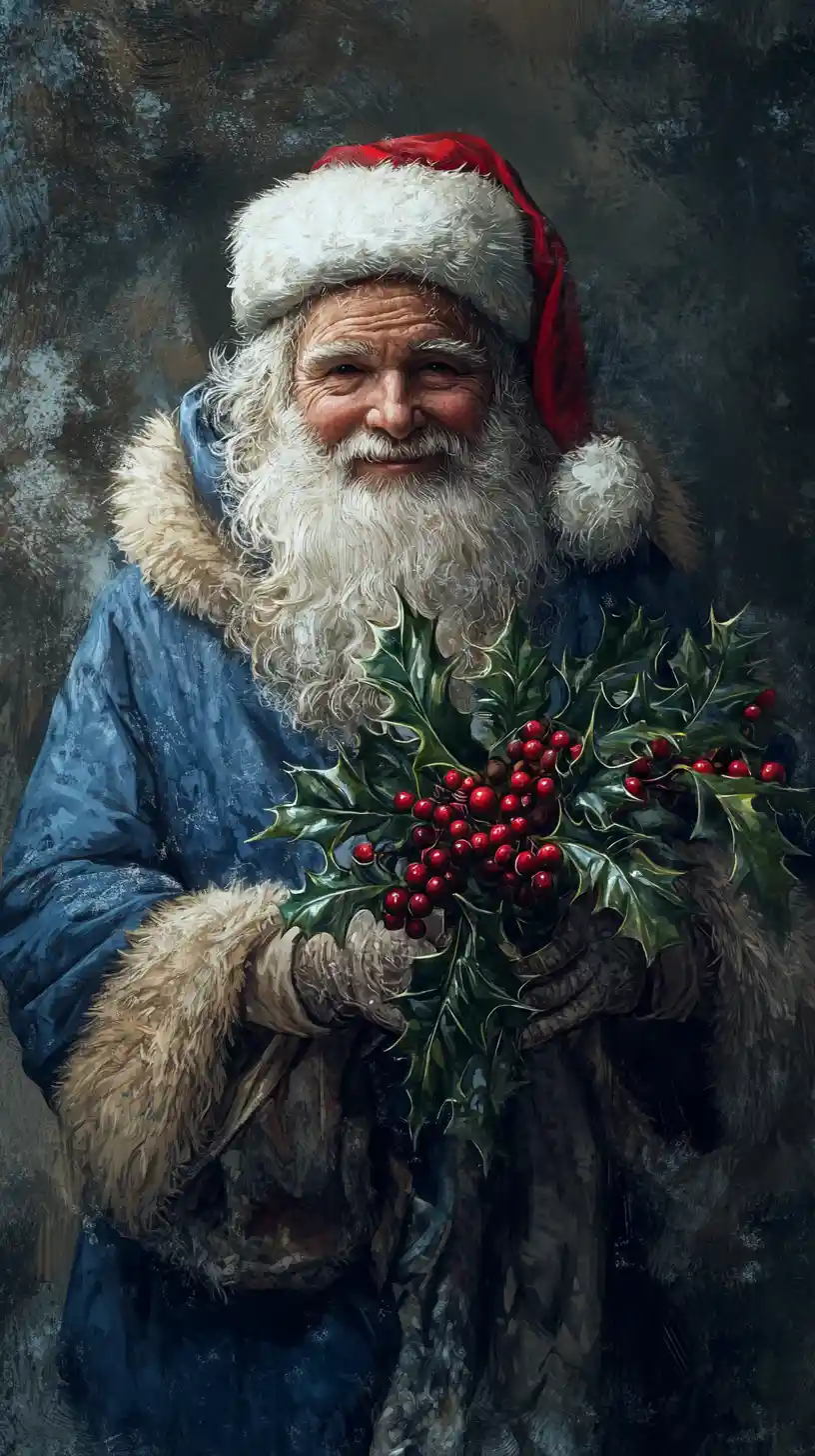 Vieil homme barbu en costume de Père Noël bleu tenant du houx