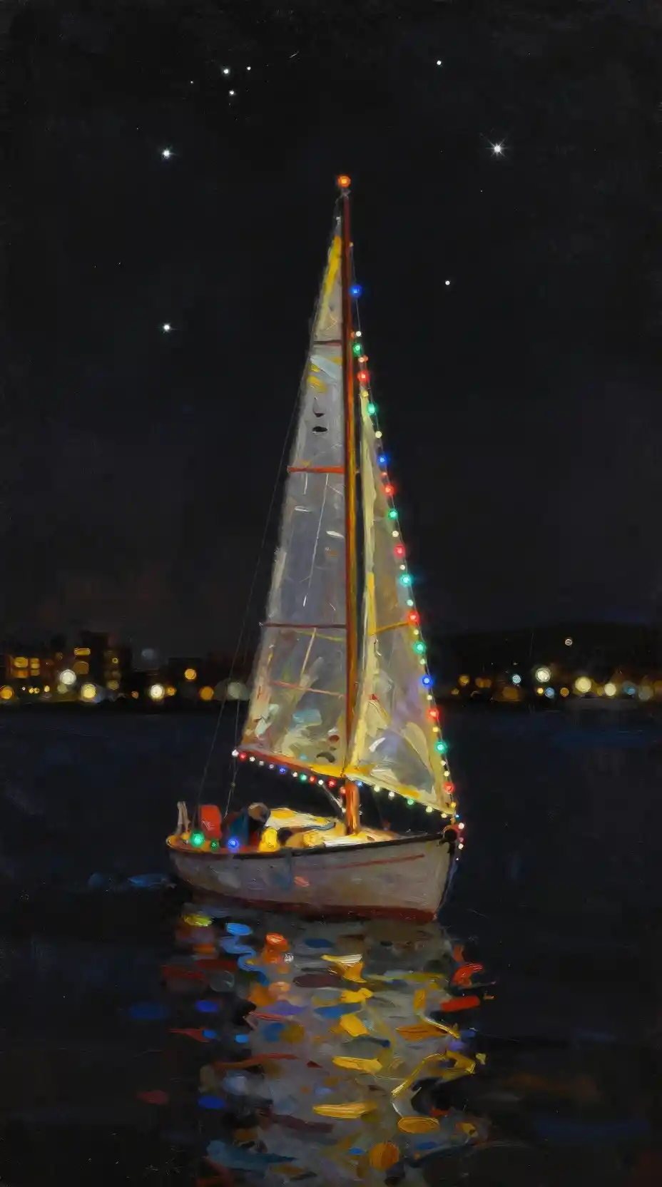Sailboat Wrapped In Christmas Lights On Calm Night Water