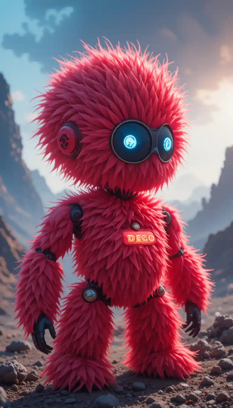 Juguete de construcción rojo y esponjoso en un paisaje futurista