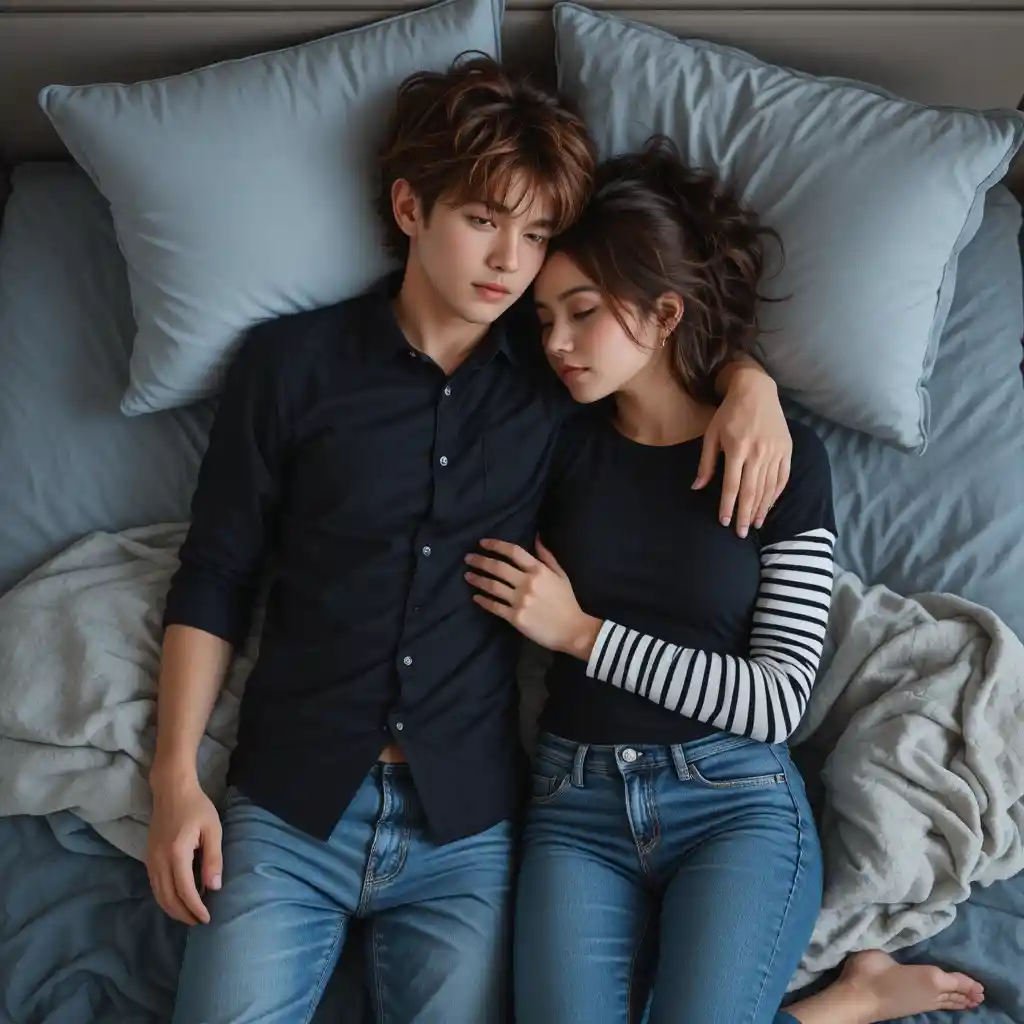 Joven pareja descansando junta en una cama acogedora