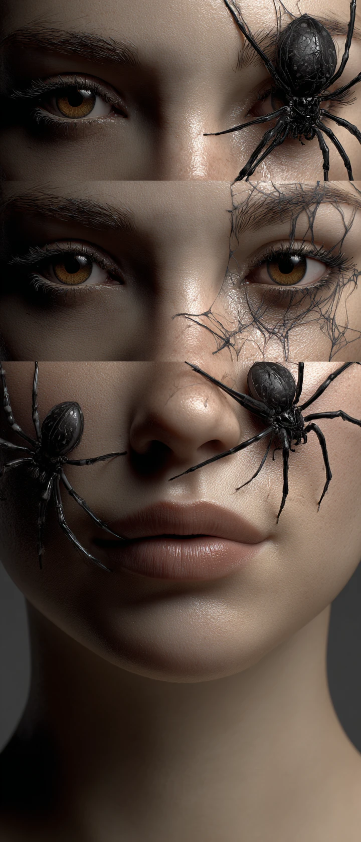 Surreal female face formed from spiders in dystopian world