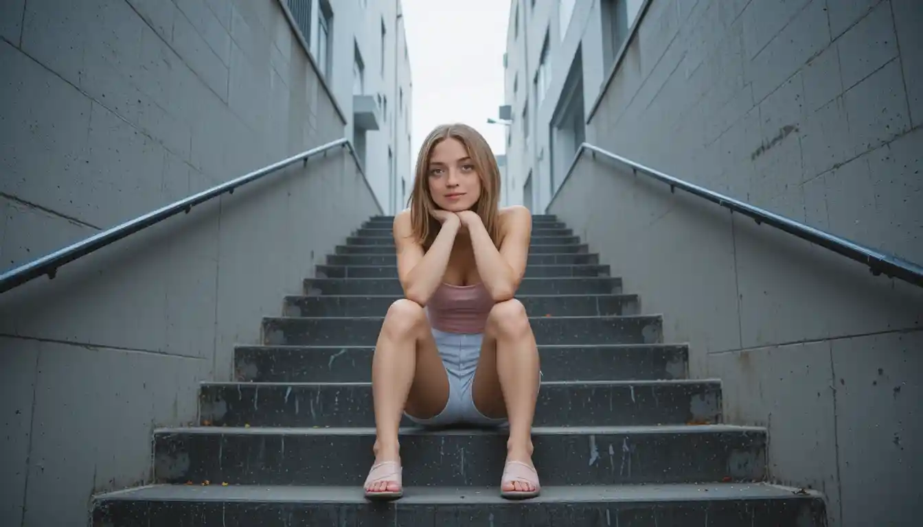 Thoughtful young girl sitting on urban concrete stairs