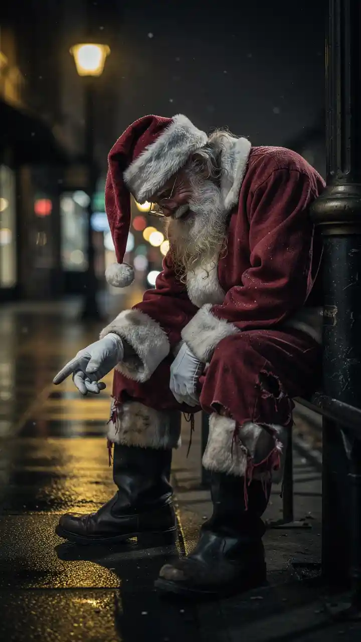 Weary Santa Claus Resting Under A Lonely Streetlight