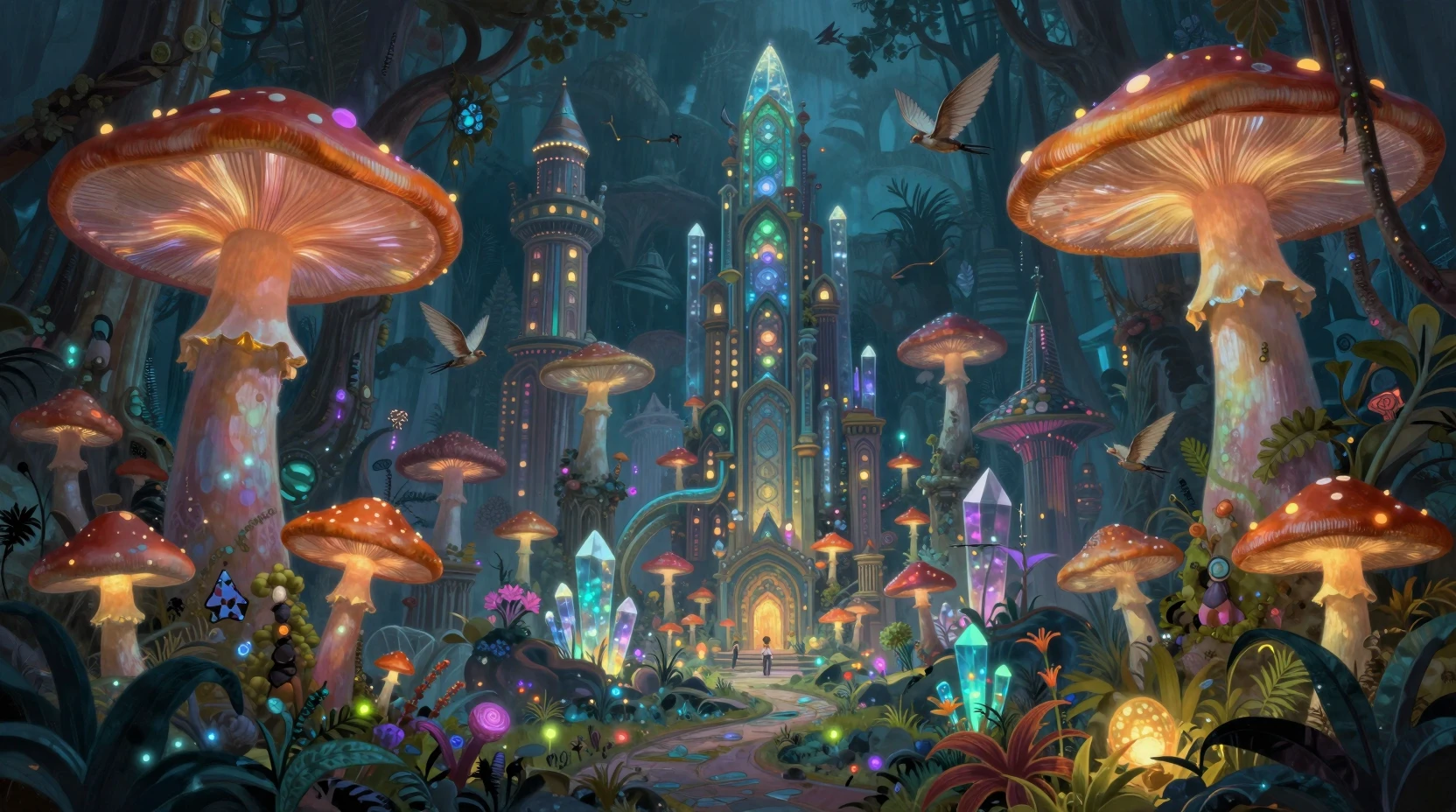 Biolumineszente Pilzstadt im Alien-Dschungel bei Nacht