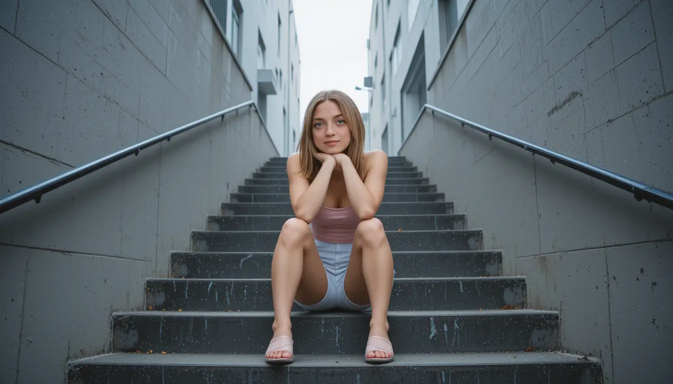 Thoughtful young girl sitting on urban concrete stairs