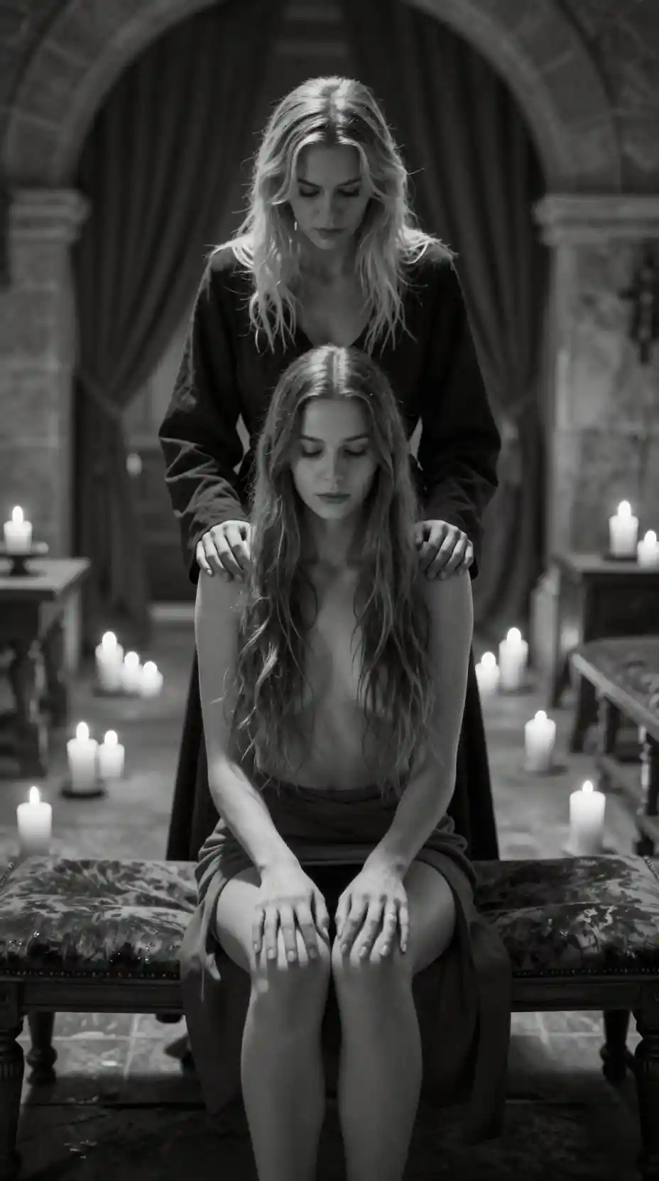 Two women in intimate candlelit medieval interior portrait