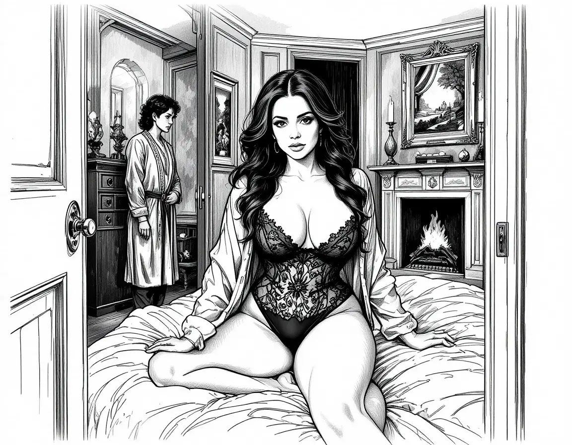 Glamorous brunette woman in lingerie at a bedroom door