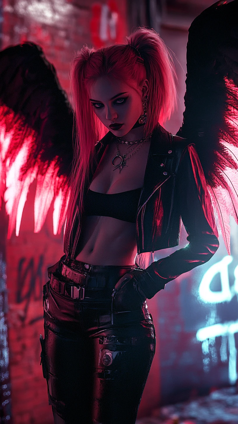 Punk dark angel woman with neon wings in graffiti alley
