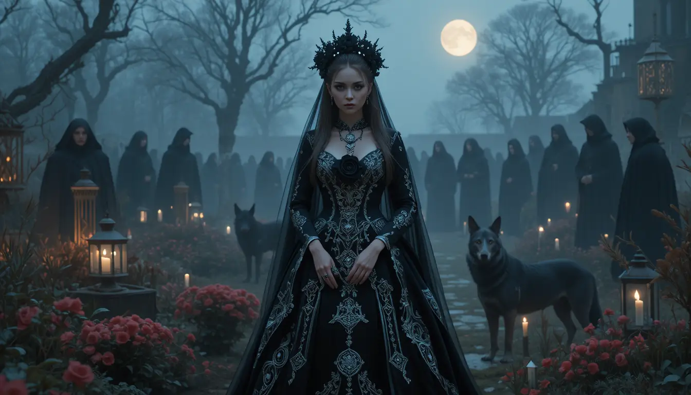 Gothic bride in moonlit garden with wolves and friends