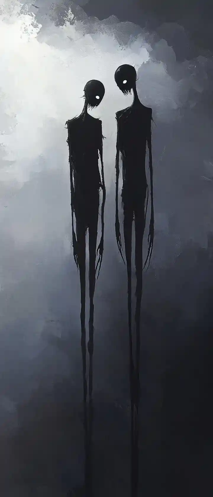 성긴 회색 하늘 아래 뒤틀린 두 명의 애니메이션 인물