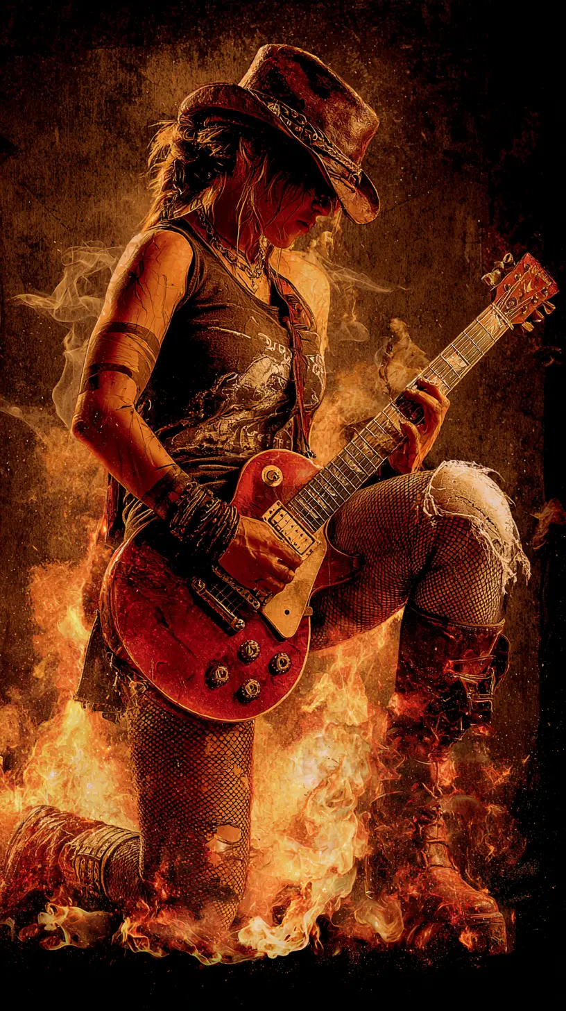 Rock cowgirl kneeling with guitar in raging flames