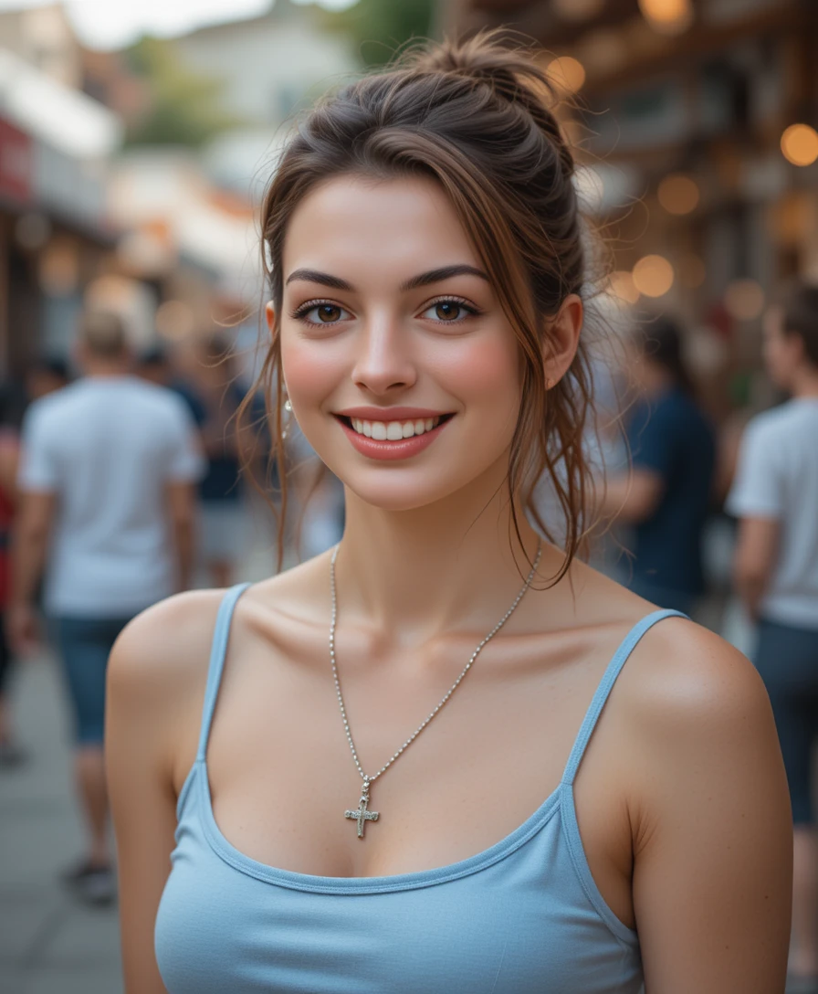 Smiling young woman at a summer street market