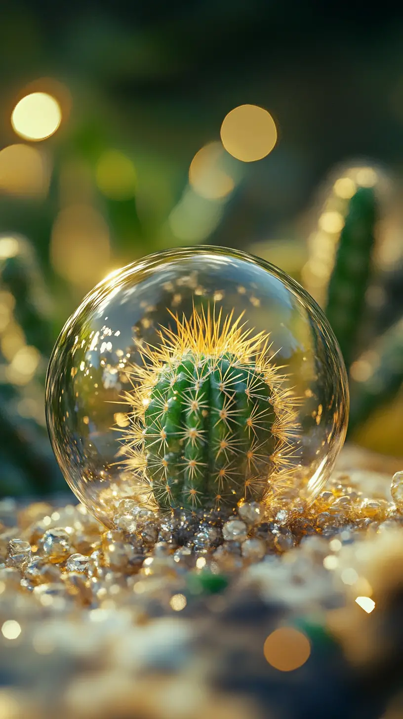 Green cactus encased in translucent amber apple close up