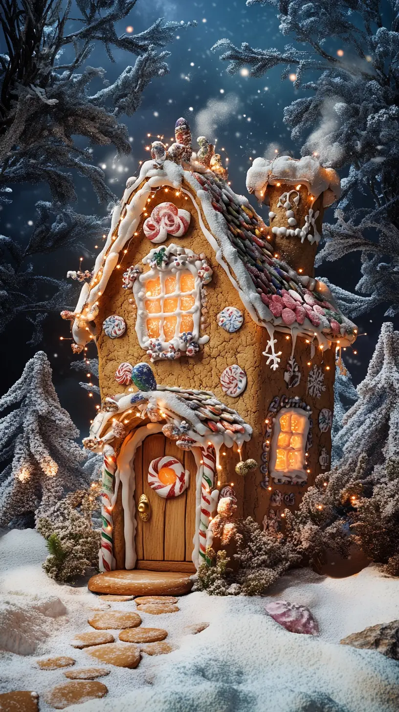 Whimsical gingerbread house in a snowy winter forest