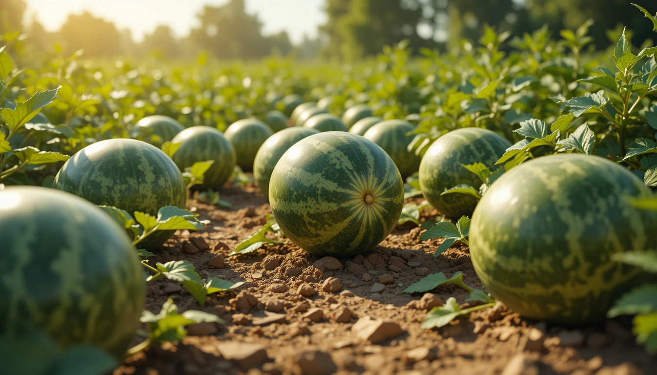 Campo di angurie sotto il sole estivo cocente in illustrazione 3D