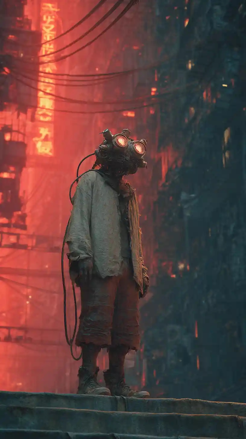 Skinny man in dystopian alien city at night