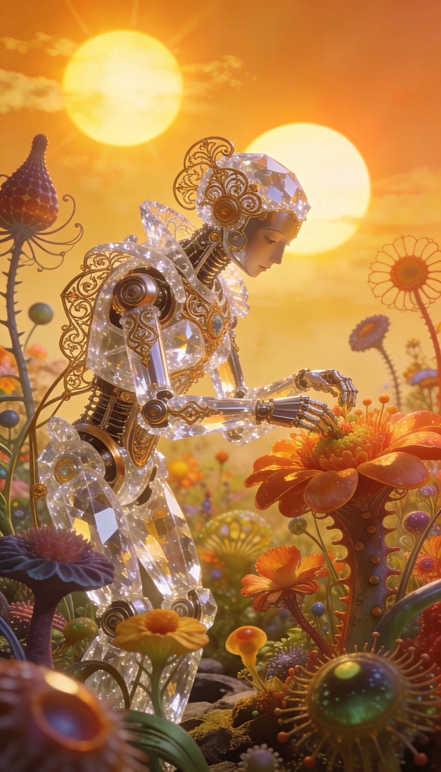Crystalline automaton in an alien garden under twin suns