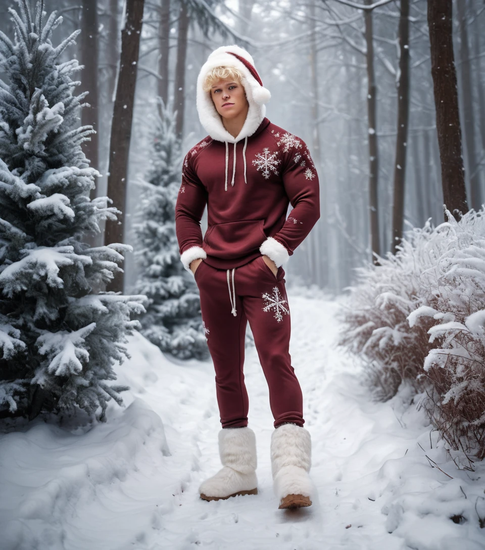 Young blond man walking in a snowy winter forest