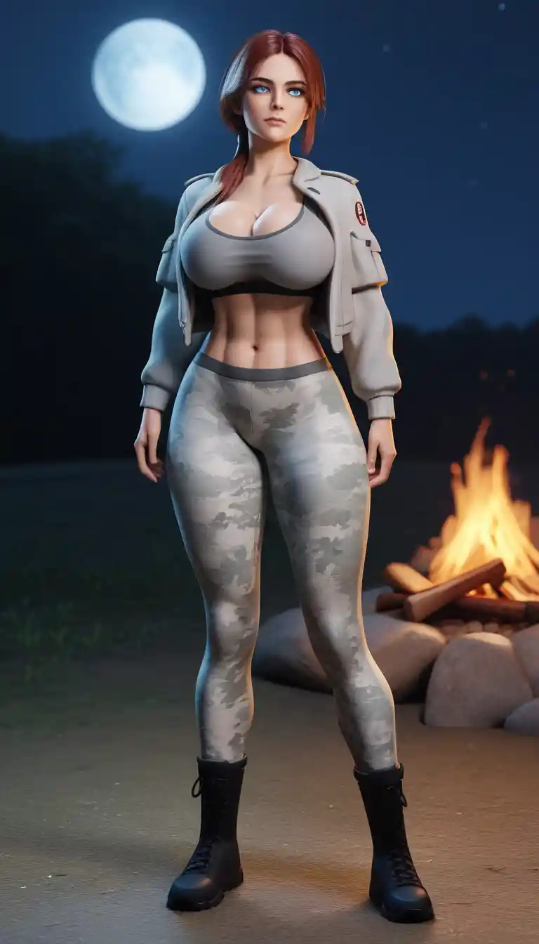 Fantasy huntress with bow by campfire under full moon